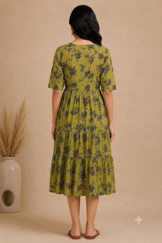 Image of Women's Rayon A-Line Midi Dress, Floral Print, Short Sleeves, Tiered Design, Round Neck, for Summer Wear