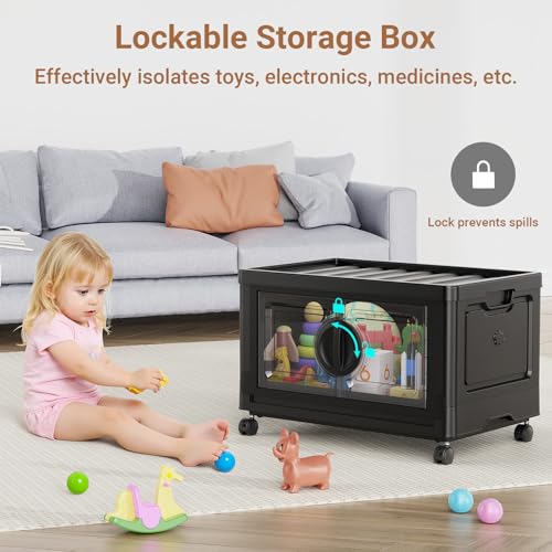Image of BROVIEW 360Qt Lockable Stackable Storage Bins with Lids, Closet Organizers and Storage Drawer, Collapsible Storage Bin with Wheels, Plastic Cabinet for Toy Clothes Dorm Organizer, V9 3 Pack Black