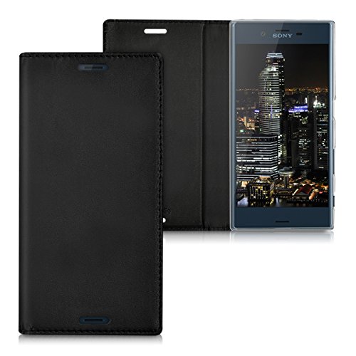 kwmobile Flip Case Compatible with Sony Xperia XZ/XZs - Smooth PU Leather Slim Folio Cover Phone Holder - Black