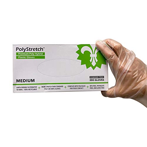 200 Count | KingSeal PolyStretch TPE Poly Hybrid Disposable Gloves, Powder-Free, Vinyl Glove Substitute, Size Medium - 1 Box of 200 Gloves