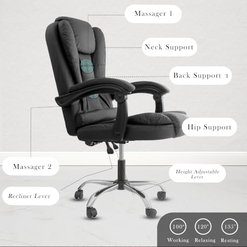 Image of Casa Copenhagen Italia Premium Leatherette Office Chair for Work | Boss Chair, Ergonomic Executive, Luxurious Cushioned Arms & Seat, 2 Point Back Massager, Heavy Duty Metal Base (Black)