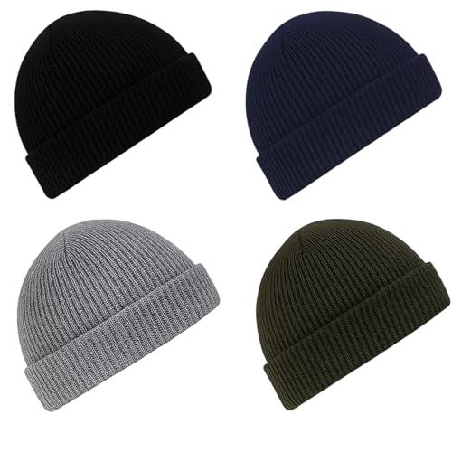 HiTjK 4 Pack Fisherman Beanie, Mens Wooly Hat, Stretchy Beanie Hats for Outdoor Activities, Winter Fashion Accessories in Black, Navy, Olive, Light Gray