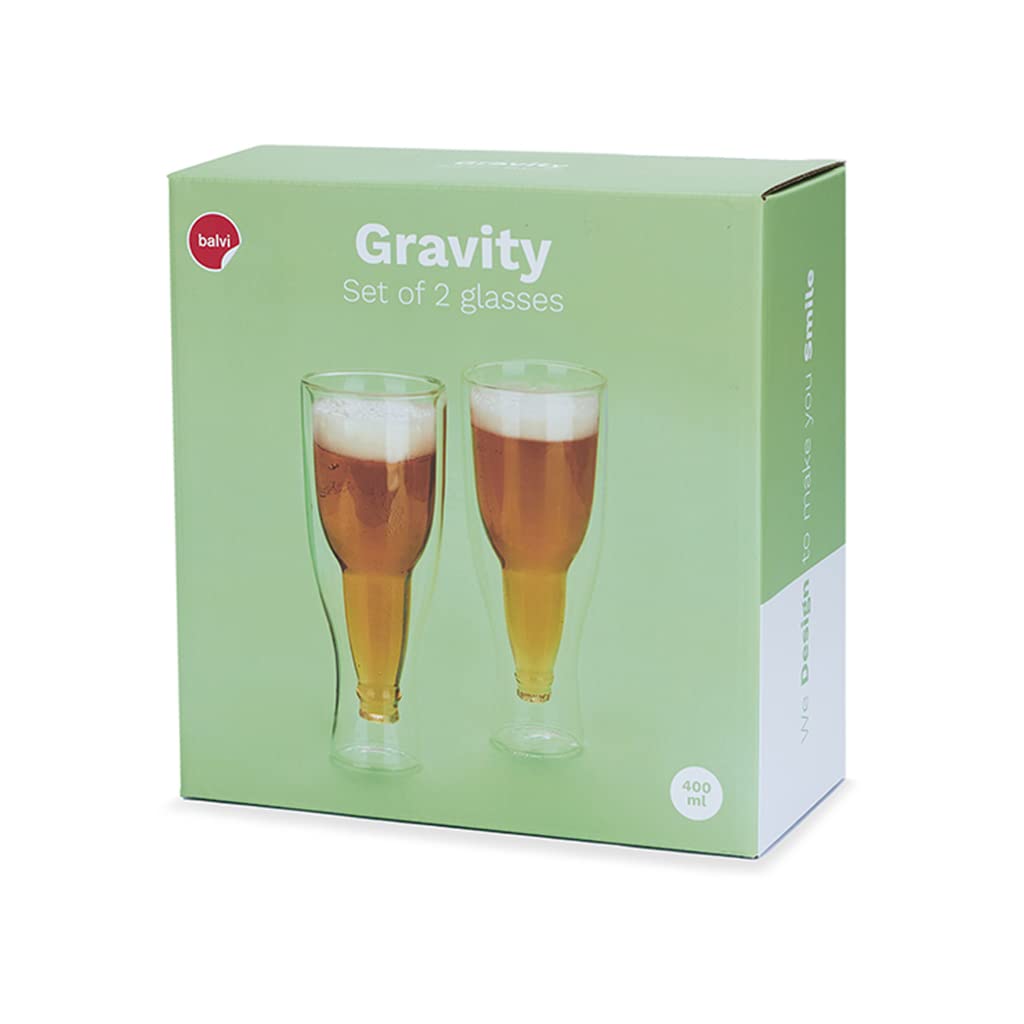 Balvi Vaso Cerveza Gravity Set de 2 Vasos de 400 ml Doble Pared Mantiene el Frio Forma de Botella del