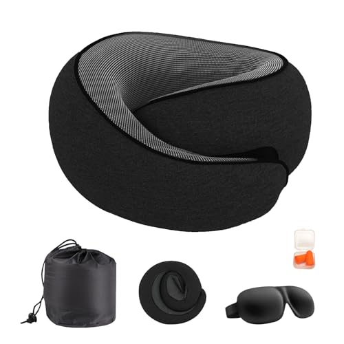 Mayeujds NASA Almohada de viaje de espuma viscoelástica, ajustable 360°, almohada para dormir para avión/oficina, incluye antifaz para dormir y tapones para los oídos (negro)