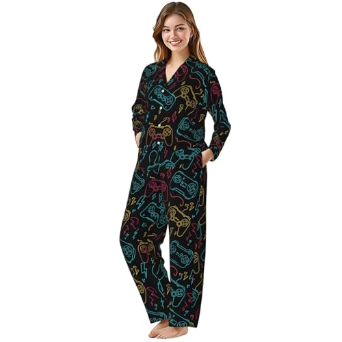 Image of Women'S Long Sleeve Pajama Set Soft Loungewear Button-Down Top & Elastic Waist Pants S- 2XL