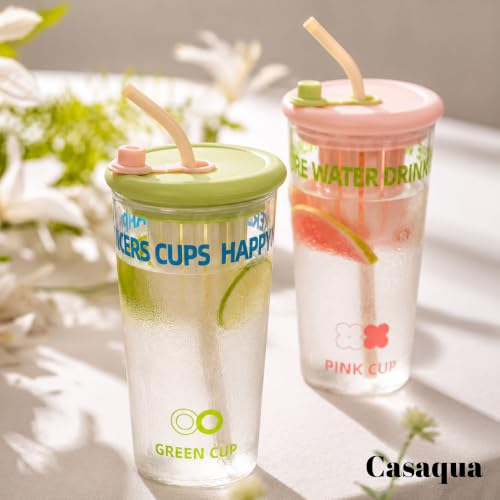 Image of Glass Tumbler with Straw & Silicone Lid - 450ml, Set of 1, Reusable Drinking Cup with Built-in Fruit Infuser, Leakproof Water Cup for Juice, Milk & Smoothies, Clear Glass Travel Mug