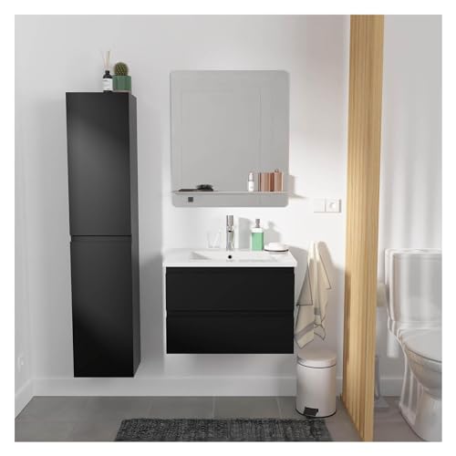 MOB-IN Meuble Simple Vasque 60cm avec Vasque, Miroir et Colonne Sorrento Noir
