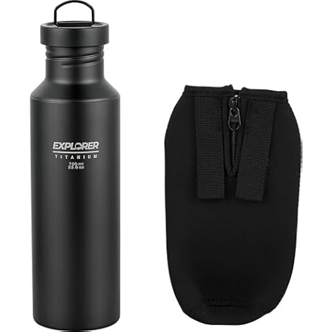 Explorer Bear Black Titanium Camping Sports Water Bottle, 23.6 oz, with Carrying Pouch Cover