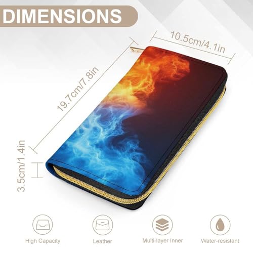 Long PU Zipper Wallet, Travel Purse Fashion Design, Huge Storage Capacity Wallet, Cute Decor Purse For Men And Women Red And Blue Fire Black2