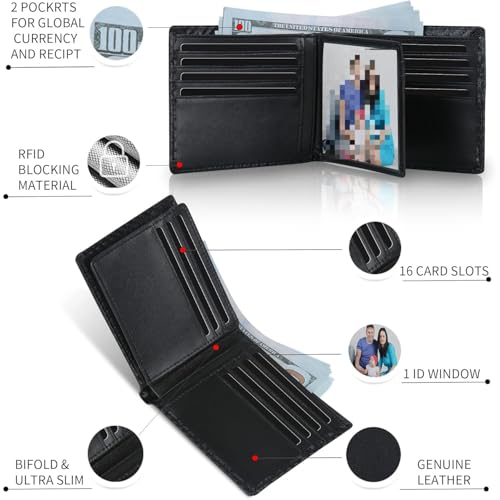Genuine Leather Wallet for Men RFID Blocking AirTag Bifold Slim Large Capacity 15 Card Slots ID Window Gift Airtag Not Included (BlackStripe)3