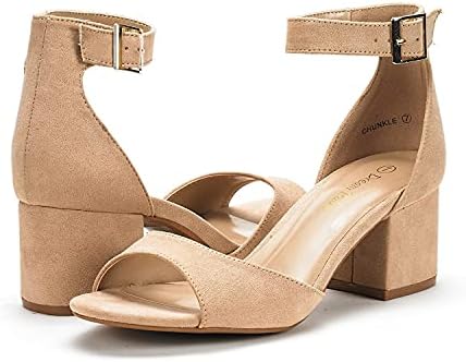 DREAM PAIRS Womens Chunkle Low Heel Pump Ankle Strap Dress Sandal Nude Suede - 9 | Image 1