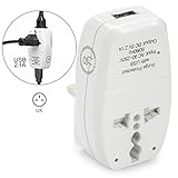 USA to UK Plug Adapter by Yubi Power 3 in 1 Universal Travel Adapter with 2 Universal Outlets and 1 USB 2.1A Port - Built in Surge Protector and Light Indicator - Type G for UK, Hong Kong, and more!
