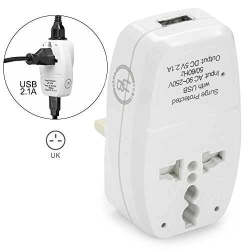 Yubi Power USA to UK Plug Adapter 3 in 1 Universal Travel Adapter with 2 Universal Outlets and 1 USB 2.1A Port - Built in Surge Protector and Light Indicator - Type G for UK, Hong Kong, and More!