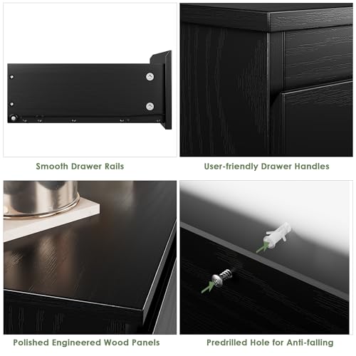 Image of Bamjoy Black Nightstand with 3 Drawers, Beside Table with Drawers for Bedroom, Small Side Table Storage Cabinet 3 Drawer Night Stand for Home Office, 18.0W x 14.0D x 24.8H Inches