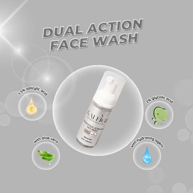 Image of KALEIGH Sali-Glycolic Acnecontrol Foaming Face Wash for Oily & Acne-Prone Skin Type | Tan Removal Cleanser for Men & Women | Deep Cleans Pores, Controls Excess Oil | Glowing, Moisturizing & Brightening Skin | Gently Exfoliates (120ml, Pack of 2)