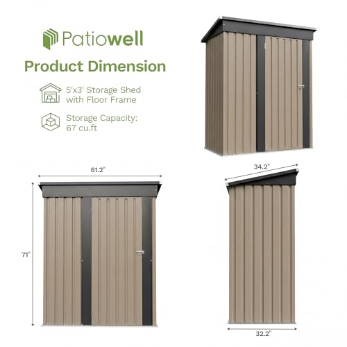 Image of Patiowell 5x3 FT Outdoor Storage Shed with Floor Frame, Small Metal Sheds