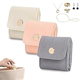 Mini Travel Jewelry Bag, Portable Foldable Mini Travel Jewelry Roll Bag with Buckle, Small Jewelry Box for Travel Essentials, Earrings, Rings, Necklaces (White, Pink and Gray)