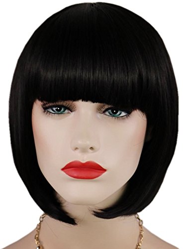 Women's Black Short Bob Wig for Keeshana Bobbi Boss Halloween Masquerade Party Cosplay, Straight Flat Bangs & 1 Wig Cap; 003BK