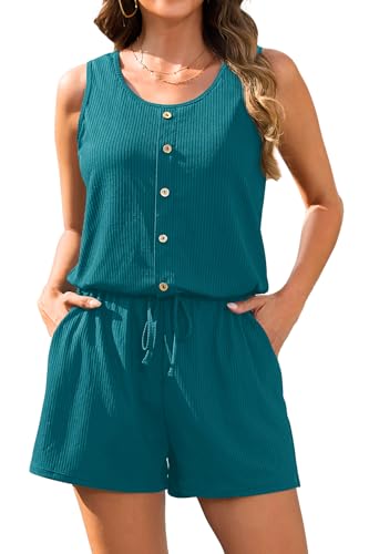 Women Romper Swimsuit - One Piece Bathing Suit with Shorts Modest Boyleg Swim with Pockets 2025 Teal L