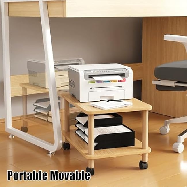 Wooden Rolling Storage Cart for Printer & Utility, 2-Tier Organizer with Lockable Wheels, Compact Shelf for Home Office, Kitchen & Bedroom (Natural & White)-52QLK2Zk