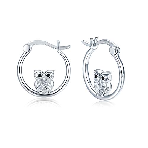 Silver Owl Hoop Earrings for Women Girls 925 Sterling Silver Small Owl Huggie Hoop Earrings Owl Jewelry Gifts for Owl Lovers.