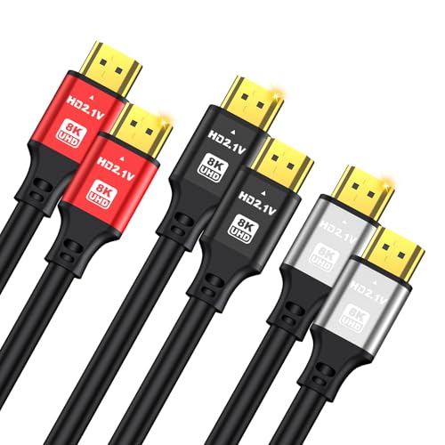 jojobnj 8K HDMI Cable 3 FT 3-Pack 48Gbps 8K@60Hz 4K@120Hz HDCP 2.2 & 2.3 DTS:X HDR 10 Compatible with Roku TV/eARC/3D/PS5/HDTV/Laptop/Blu-ray High Speed HDMI Cable