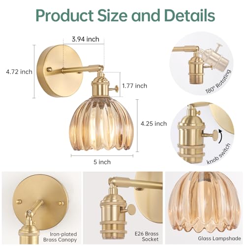 Shenmoyl Vintage Wall Sconces Set of 2 with Amber Tulip Glass Lampshade 180 Degree Adjustable Brass Sconces Hardwired Modern Wall Light Decor with Switch for Living Room Bedroom by Shenmoyl - Used condition - Image 6