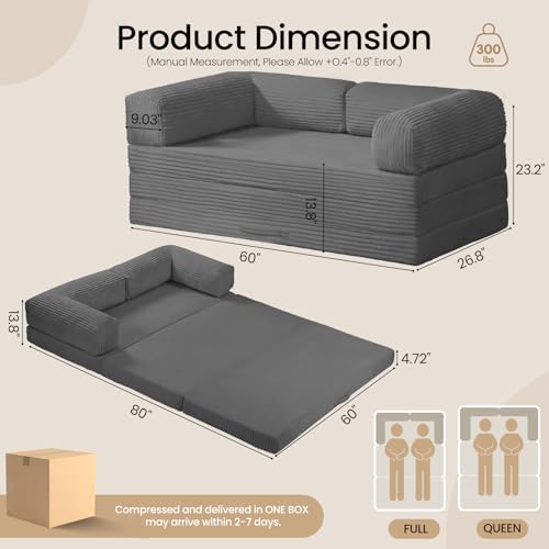 Image of Tri-Fold Foldable Mattress, Convertible Folding Sofa Bed with Removable Arms & Washable Cover, All-in-One Portable Mattress Floor Sofa Bed, No Assembly Required & Non-Slip, Queen Size, Grey