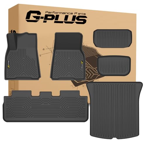 G-PLUS Floor Mats 6Pcs Compatible with Tesla Model Y 2025 5 seat (NOT for 7 SEAT),TPE All Weather Protection 1st & 2nd & 3rd Row Front Frunk Rear Trunk Cargo Liners Accessories Black Fit Tes