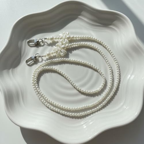 Image of KHOLAD White Bow Phone Chain Crossbody Pearl Strap | 2in1 Wrist & Shouler Crossbody Lanyard | Pearl Beads Charms Chain with Phone Tether Patches | Compatible with Most Phones, Bag, Purse