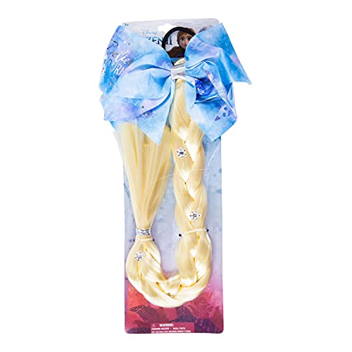 Luv Her Girls Hair Accessories - Princess ELSA Large Sky Blue Bow with Blond Faux Hair Braid with Snowflake Diamonds - Long Thick Hair Braid Extension With Hair Band