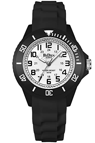 HANPOSH Reloj De Chico Reloj para Niños Reloj De Cuarzo Analógico Reloj De La Escuela Correa De Silicona De Estudiantes De Primaria Y Secundaria De 5 A 15 Años Negro