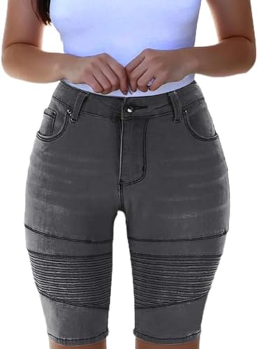 Zylphorix Womens Knee Length Curvy Stretch Short Jeans Middle Rise Stretchy Denim Shorts Summer Mid Waisted Denim Shorts (3X-Large,Dark Gray)