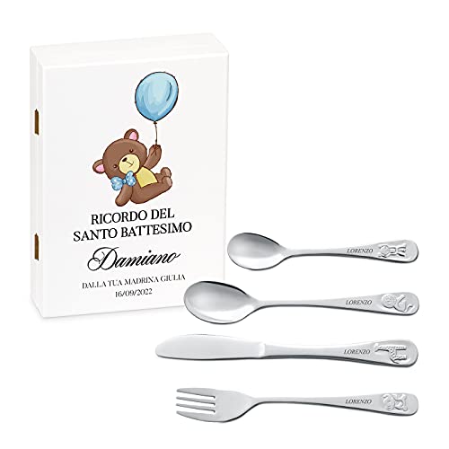 Maverton Set di 4 posate per bambini con incisione + scatola in legno con stampa personalizzata - motivo animali - idee regalo per il battesimo bimbo - pensiero