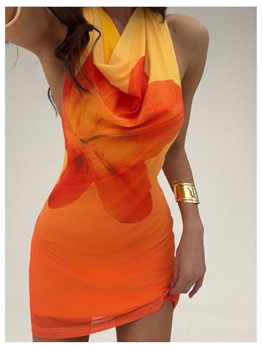 MakeMeChic Women's Floral Halter Dress Open Back Draped Front Bodycon Mini Dresses4
