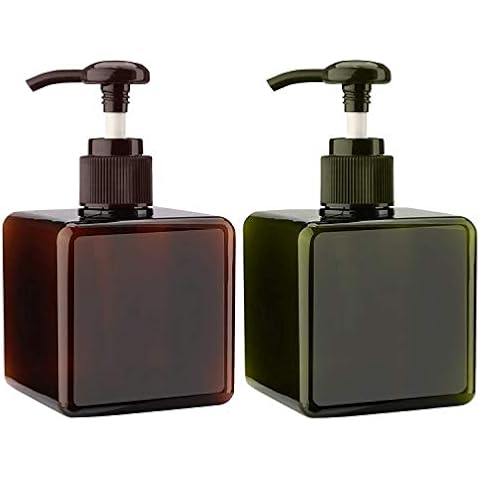 2Pcs 250ml / 8.8oz Empty Plastic Pump Bottles, Refillable Lotion Shampoo Body Washing Conditioner Cream Shower Gel Square Storage Holder Container Toiletries Liquid Dispenser (Brown + Green) Cover