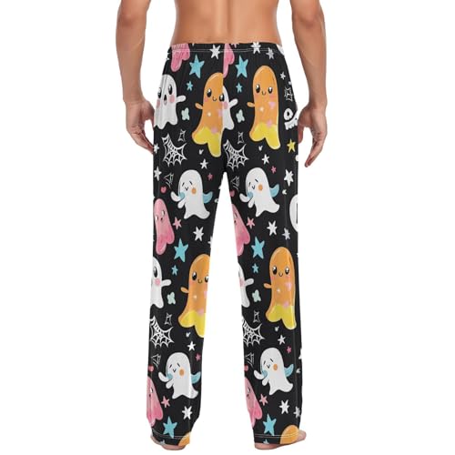 Men’s Halloween Cartoon Ghosts Pajama Pants with Pockets, Comfortable Lounge Sleep Bottoms#1812