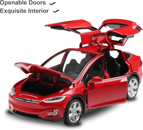 Image of 1:32 Tesla Model X Toy Car with Pull-Back Action Lights, Sound and openable Doors.Durable diecast Model for Kids Aged 3-12 offering Hours of Fun and Realistic Play (Red)