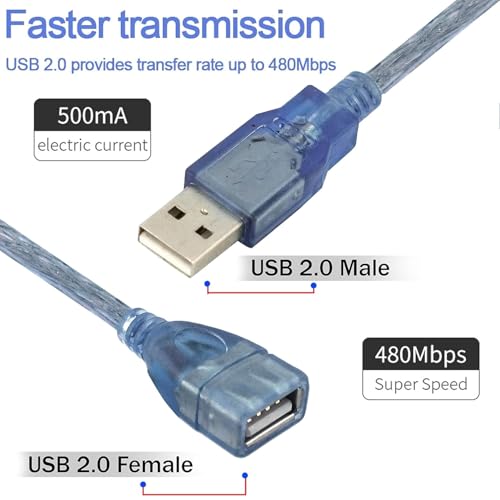 Image of NISHTECH 35cm Premium USB Extender Cable Male to Female USB A Male to USB A Female 2.0 Data Transfer and Charging Adapter for TV, PC, Laptop, PlayStation, Xbox, Flash Drive,etc (Transparent Blue)