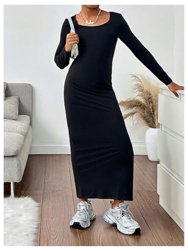 COZYEASE Girl's Bodycon Fitted Side Slit Dresses Long Sleeve Round Neck Maxi Dress3