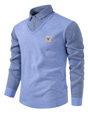 Men's 2 in 1 Long Sleeve Golf Sweater Button Front Ribbed Knit Fall Fake Two Piece Tops
