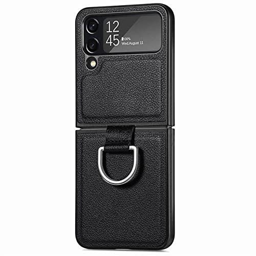 Étui en cuir léger Samsung Galaxy Z Flip 4 fini noir premium avec anneau métallique