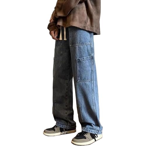 Streetwear Hip Hop Cargo Joggers Pants for Men Vintage Elastic Waist Drawstring Denim Waist Loose Fit with Pockets