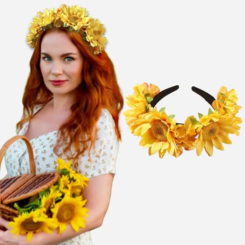 Ncozwo Thanksgiving Sunflower Headband Autumn Sunflower Hairband Boho Flower Crown Fall Floral Hair Hoop Bridal Headpiece for Fall Thanksgiving Birthday Party Photo Props Hair Accessory