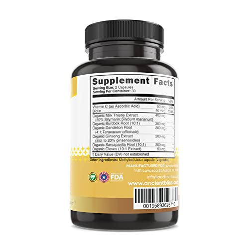 Ancient Bliss Liver Love - Natural Milk Thistle Liver Detox And Liver Health Cleanse Supplement - Support Healthy Liver In Men And Women - 60 Capsules - With Burdock, Dandelion, Cloves, And More #TOP1