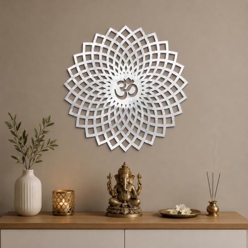 Image of Mandala Om 3D Acrylic Mirror Wall Sticker | Silver Decorative Om Wall Art for Living Room, Hall, Bedroom, Kids Room, Home & Office | Self-Adhesive Spiritual Mirror Wall Decor