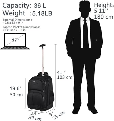 Image of Rolling Backpack, Matein Large Wheeled Laptop Backpack for Travel