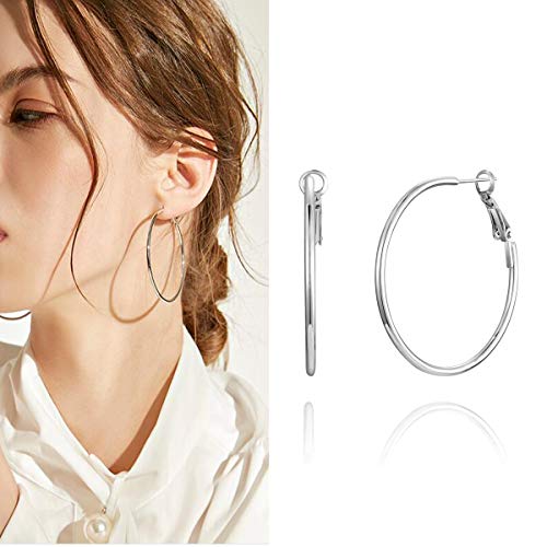 3 Pairs Sterling Silver Hoop Earrings - 14K White Gold Plated Hoop Earrings Big Hoop Earrings Set Silver Hoop Earrings For Women Girls (40Mm 50Mm 60Mm) #TOP3
