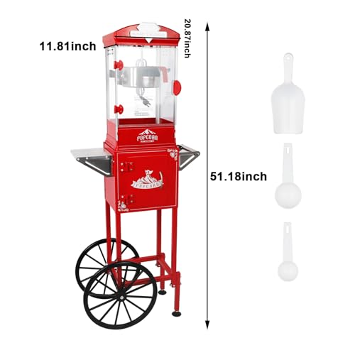 Image of Popcorn Machine with Cart - Stainless Steel Pot with Storage - Cinema Style Retro Popcorn Maker with Wheels for Home Parties, Movie Theaters, Christmas Concession Equipment - Red (10OZ /Cart)
