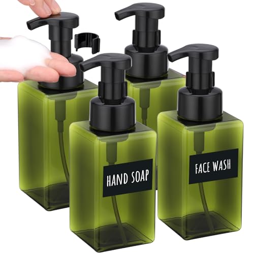 Image of Segbeauty 15.2oz Plastic Green Foam Soap Dispensers with Labels, 4pcs Green Square Refillable Foaming Pump Bottle for Liquid Soap, 450ml Bathroom Shampoo Face Hand Wash Containers with Foaming Pump